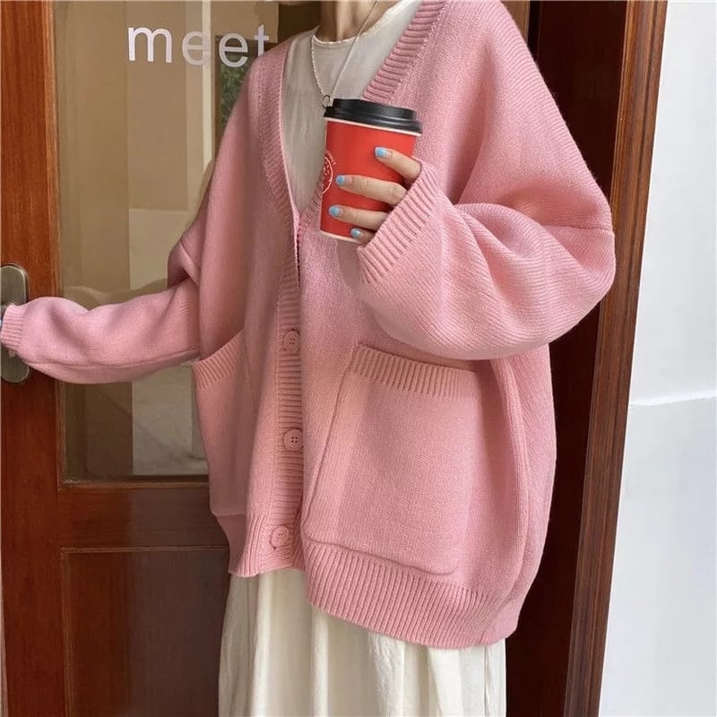Cute Baby Pink V Neck Chic Loose Oversized Knit Cardigan Long Sleeve Sweater Jumper Aesthetic Casual Summer E-Girl Kawaii Korean Japanese Harajuku