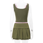 2PCS Green & Pink Lace Spaghetti Strap Top + Drawstring Skirt Set