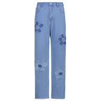 Cute Vintage Floral Patchwork Blue Denim High Waisted Jeans Pants Trouser Aesthetic Casual Summer E-Girl Kawaii Korean Japanese Harajuku