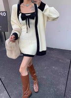 2 Piece White Knit Bow Dress + Sweater