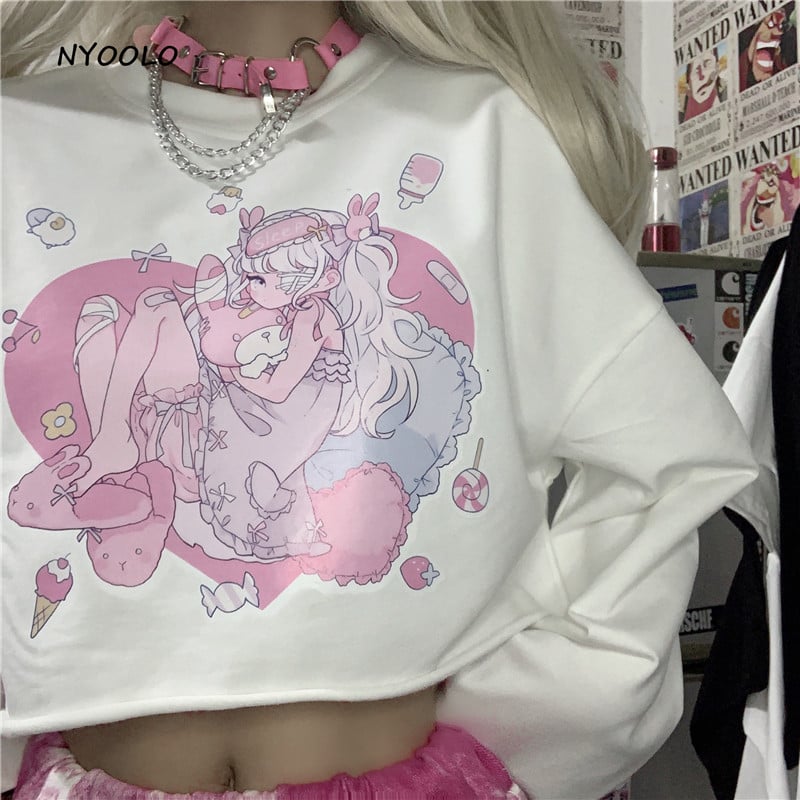 Sweet Anime Girl Cartoon Print Loose Long Sleeve Sweatshirt Sweater Pullover Jumper Autumn Causal E-Girl Kawaii Korean Japanese Harajuku Streetwear