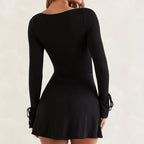 Black Square Neck Long Sleeve Mini Dress