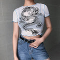 Cute Sexy Dragon Mesh Transparent See Through Crop Top Shirt Tee T-shirt E-Girl Kawaii Korean Japanese Harajuku Chinese Retro Streetwear Aesthetic
