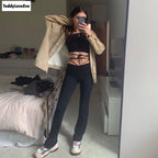 Cute Sexy Black High Waisted Thin Bandage Wrap Tie Pant Trousers Joggers E-Girl Kawaii Korean Japanese Harajuku Chinese Retro Streetwear Aesthetic