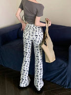 Puppy & Kitten Print Flare Trousers