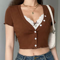 Sweet Lace Button V Neck Cropped Short Sleeve T-Shirt