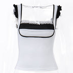 White & Black Patchwork Lace Square Neck Top