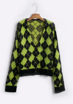 Cute Checkered Vintage Knit Cardigan Sweater Top Shirt Winter Autumn E-Girl Kawaii Korean Japanese Harajuku Chinese Retro Streetwear