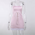 Pink Satin Lace Trim Strapless Dress