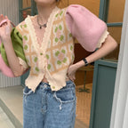 Pastel Flower Patchwork Knit Puff Sleeve Blouse