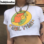 Cute White Girl Cartoon Moon Star Casual Crop Short Sleeve Shirt Tee T-shirt E-Girl Kawaii Korean Japanese Harajuku Chinese Retro Streetwear Aesthetic