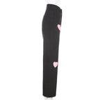 Cute Vintage Pink Heart Print Black Denim Jeans Straight High Waist Long Trouser Pants Autumn Casual E-Girl Kawaii Korean Japanese Harajuku Streetwear
