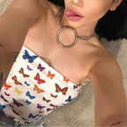 Cute Sexy Butterfly Print Colorful Crop Top Tube Off the Shoulder T-shirt Tee Shirt E-Girl Kawaii Korean Japanese Harajuku Retro Streetwear Fashion