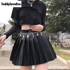 Sexy Black Goth Grunge Punk Summer Zipper Rivet Pleated PU Skirt Metal Ring Hallow Out E-Girl Kawaii Korean Japanese Harajuku Streetwear