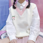 Cute Strawberry Peach Embroidery Knit Vest Sweater Sweatshirt Pullover Long Sleeve Shirt Casual E-Girl Kawaii Korean Japanese Harajuku Streetwear