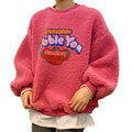 Strawberry Bubblegum Print Warm Fuzzy Fleece Hoodie Sweatshirt Sweater Long Sleeve Pullover E-Girl Kawaii Korean Japanese Harajuku Streetwear