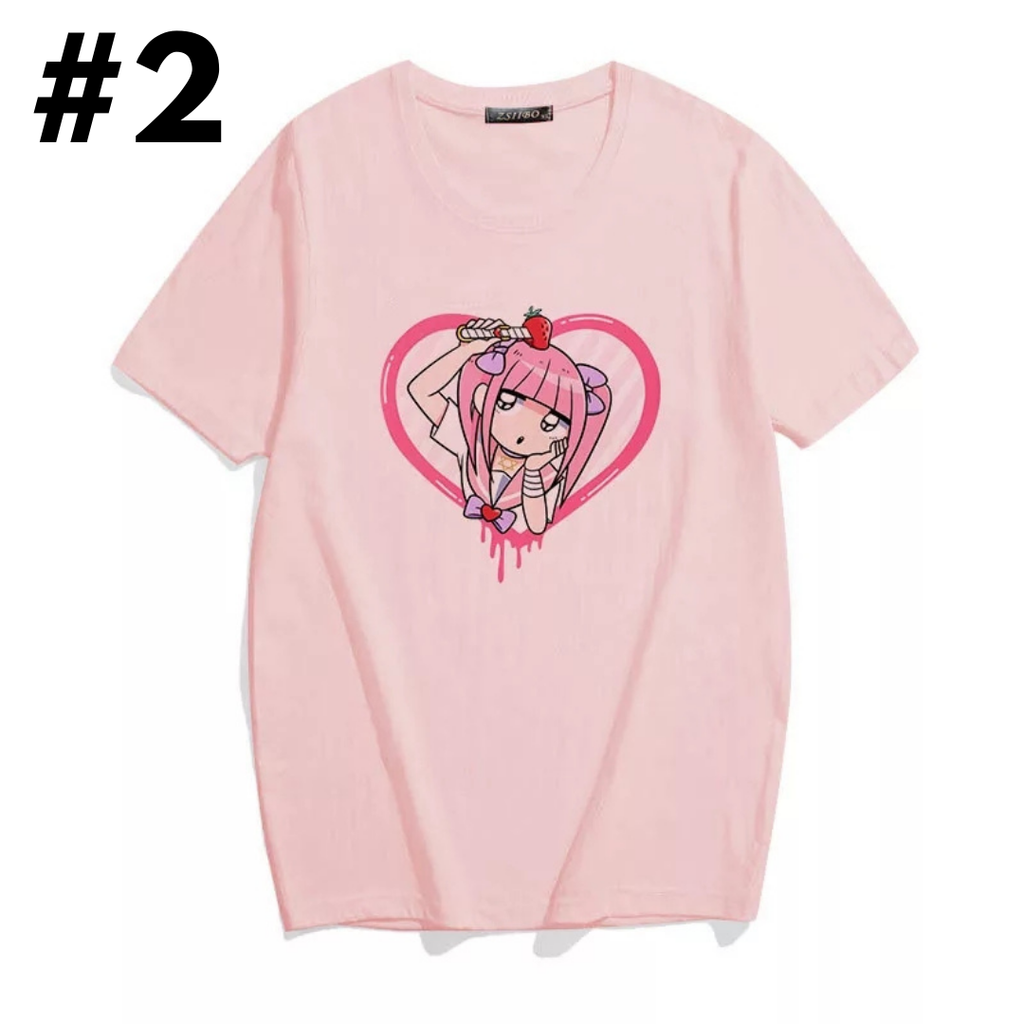 Cute Sweet Pastel Pink Anime Girl Strawberry Print Loose Short Sleeve Shirt Aesthetic Casual E-Girl Kawaii Korean Japanese Harajuku