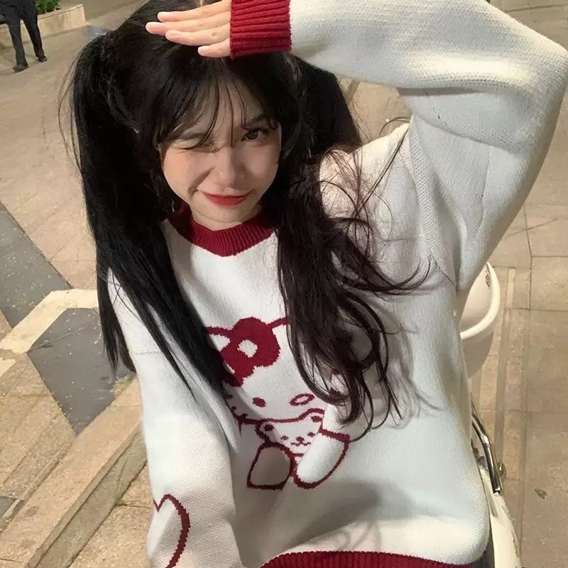 Kitty Cat Cartoon Long Sleeve Shirt Knit Sweater Sweatshirt Pullover Aesthetic Casual E-Girl Kawaii Korean Japanese Harajuku