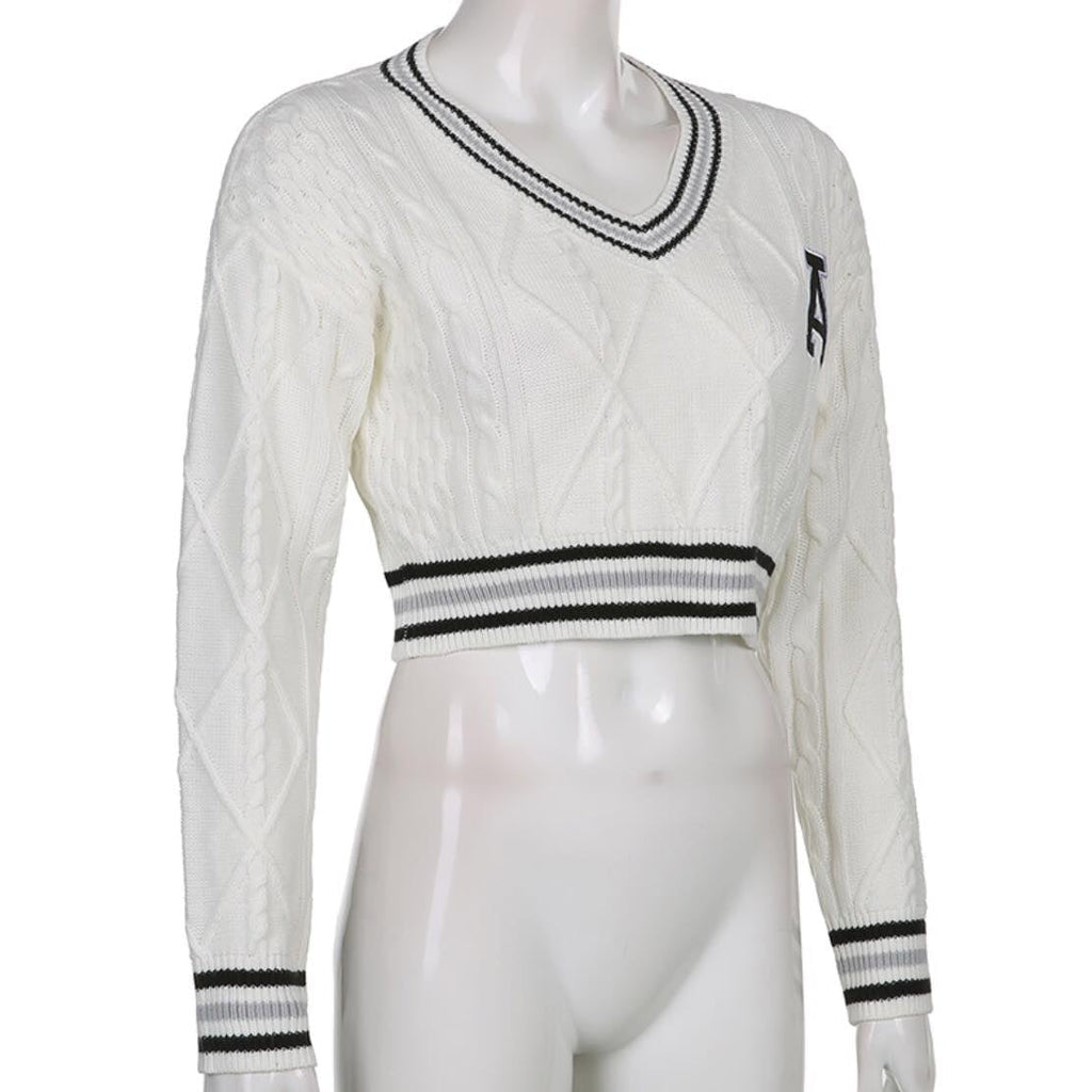 White Varsity V Neck Long Sleeve Crop Top Knit Pullover Sweater Jumper Autumn Aesthetic Casual E-Girl Kawaii Korean Japanese Harajuku