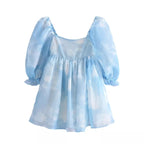 Cute Sexy Blue Cloud Sky Princess Square Neck Puff Sleeve Mini Party Dress Summer Aesthetic E-Girl Kawaii Korean Japanese Harajuku