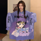 Cute Purple Anime Girl Graphic Print Oversize Long Sleeve Shirt Hoodie Punk Goth Aesthetic Casual E-Girl Kawaii Korean Japanese Harajuku