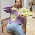 Purple & Yellow Flower Print Patchwork Sweater