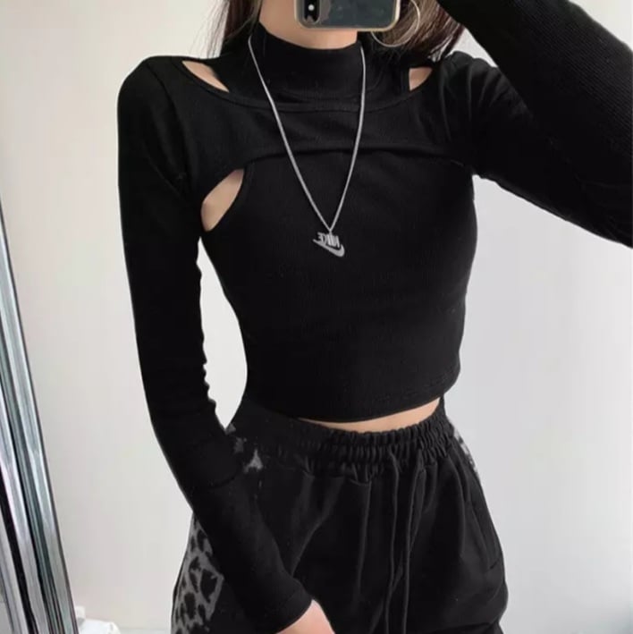 Cute 2pcs K-pop Black White Hollow Knit Long Sleeve Shirt Crop Top Fitness Streetwear Summer Aesthetic Casual E-Girl Kawaii Korean Japanese Harajuku