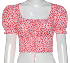 Cute Floral Butterfly Puff Tie Up Crop Top Short Sleeve Shirt Tee T-shirt Kawaii Korean Japanese Harajuku Chinese Retro Streetwear Aesthetic Fashion