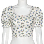 Sweet Floral Print Puff Bell Sleeve Short T-shirt Button Round Neck Crop Top Summer Aesthetic Casual E-Girl Kawaii Korean Japanese Harajuku