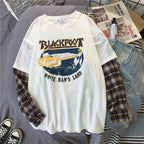 Black White Plaid Patchwork Print Loose Casual Sweatshirt Sweater Long Sleeve Shirt Pullover Jumper E-Girl Kawaii Korean Japanese Harajuku Streetwear