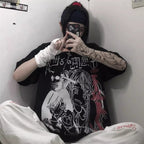 Dark Anime Girl Cartoon Print Loose Short Sleeve T-shirt Top Summer Causal Goth Punk E-Girl Kawaii Korean Japanese Harajuku Streetwear
