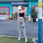 Cute Cross Jean High Waist Straight Baggy Pants Denim Trousers Summer Aesthetic Casual E-Girl Kawaii Korean Japanese Harajuku