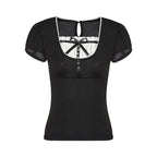 Vintage Bow Ruffle Patchwork Short Sleeve Shirt