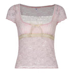 Cute Sweet Pink Lace Trim Short Sleeve Shirt Crop Top Summer Aesthetic Casual E-Girl Kawaii Korean Japanese Harajuku