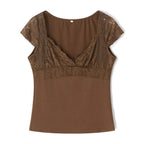 Brown Lace Trim Short Sleeve Shirt