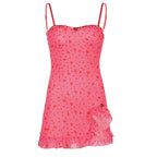 Cute Sweet 90s Pink Heart Print Sleeveless Strap Ruffles Short Mini Dress Aesthetic Casual Summer E-Girl Kawaii Korean Japanese Harajuku