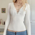 White Knit V Neck Long Sleeve Shirt