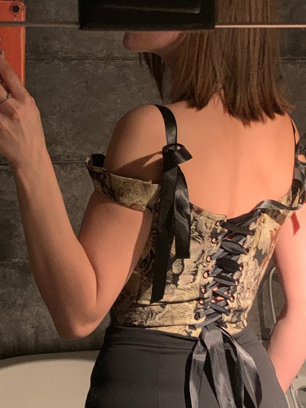 Cat Embroidery Lace Up Corset Top