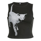 Black Cat Graphic Print Crop Top