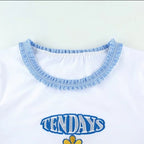Cute Blue Lace Letter Embroidery Floral Print Short Sleeve Shirt Crop Top Aesthetic Casual Summer E-Girl Kawaii Korean Japanese Harajuku Streetwear