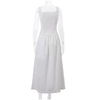 White Pleated Lace Up Square Collar Ruffle Maxi Dress