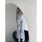 Cute White Lace Hollow Out Side Split High Waist Flare Denim Jeans Pants Trousers Summer Aesthetic Casual E-Girl Kawaii Korean Japanese Harajuku