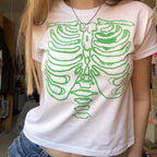 Cute 90s Vintage Skull Bone Ribs Short Sleeve Tee Crop Top Basic Casual Punk Goth Summer E-Girl Kawaii Korean Japanese Harajuku Streetwear