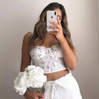 White Cherry Floral Embroidery Milkmaid Corset Top Summer Aesthetic Casual E-Girl Kawaii Korean Japanese Harajuku