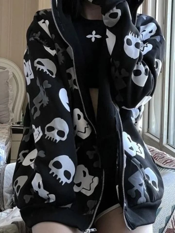 Black Skull Punk Zipper Hoodie