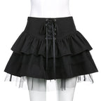 Cute Black Goth Lace Up High Waisted Ruffle Skirt Punk Bandage A-line Lace Trim Tutu Casual E-Girl Kawaii Korean Japanese Harajuku Streetwear