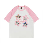 Pink Kawaii Cat Patchwork Short Sleeve T-shirt