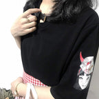 Cute Anime Demon Girl Cartoon Print Graphic Punk Goth Oversized Short Sleeve Tee Shirt T-shirt Top E-Girl Kawaii Korean Japanese Harajuku Streetwear