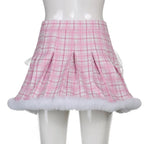 Cute Pink Plaid Feather Lace Up Pleated High Waist A-line Mini Skirt Summer Aesthetic Casual E-Girl Kawaii Korean Japanese Harajuku