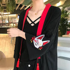 Fox Mask Anime Tassel Blouse Kimono Cardigan Cartoon Print Loose Blouse Long Sleeve Shirt Top E-Girl Kawaii Korean Japanese Harajuku Streetwear